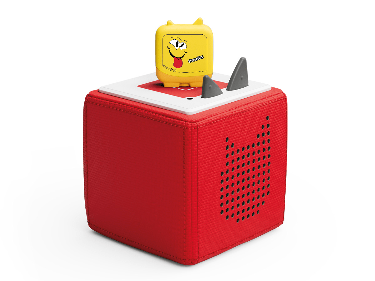 Full view of a Kid Comedy Clever Tonies on a red Toniebox