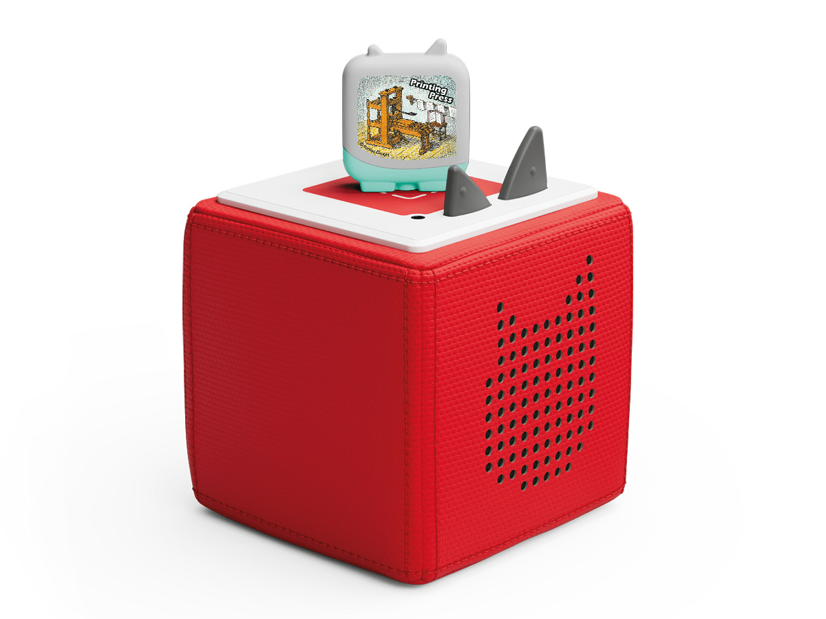 Full view of a Inventions and Innovation Clever Tonies on a red Toniebox