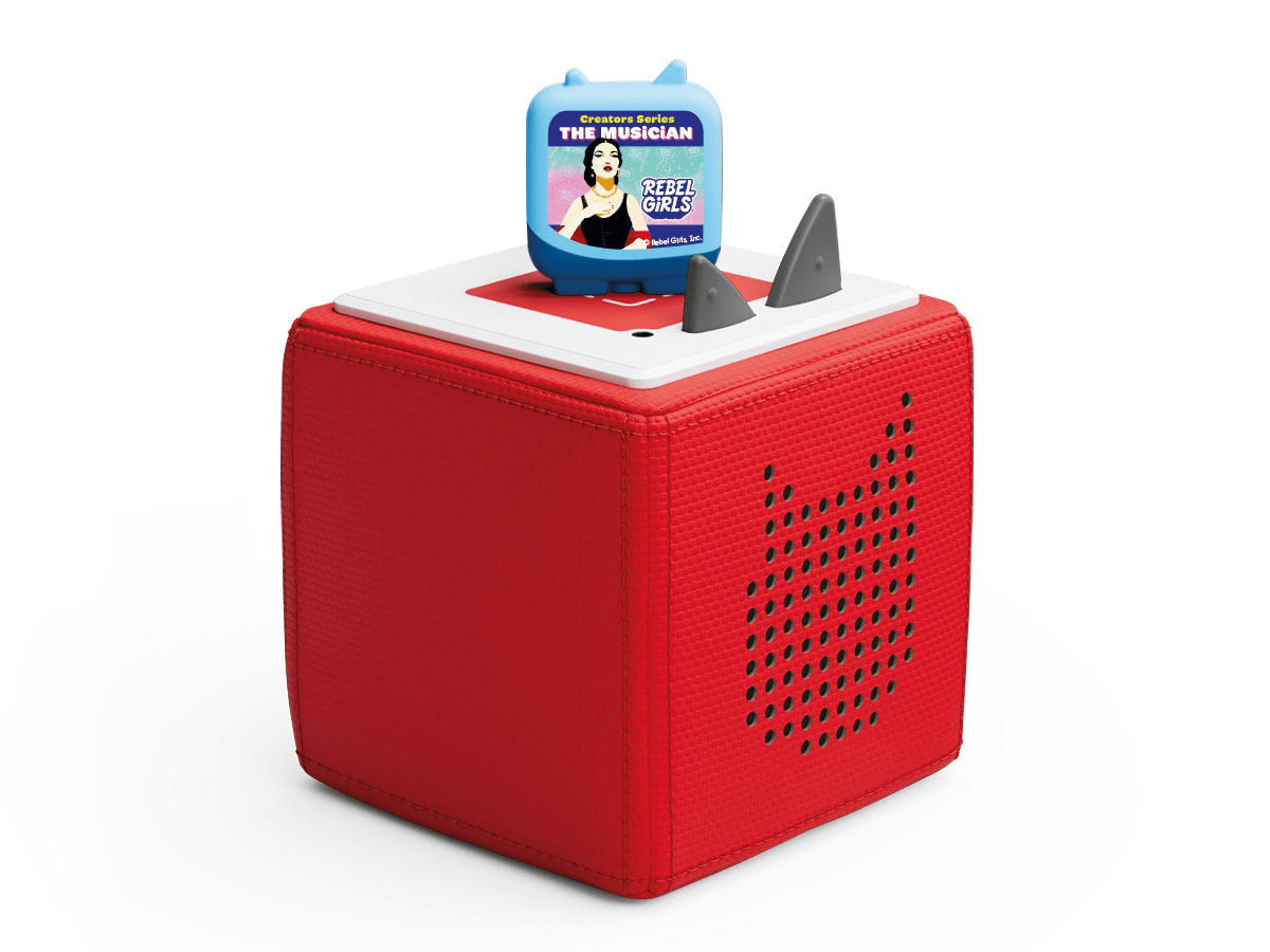 Full view of a Rebel Girls Creators Series Clever Tonies on a red Toniebox