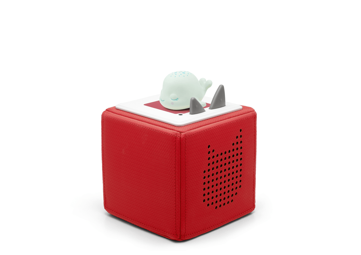 Full view of Sleepy Whale: Lullabies from the Ocean Tonie on a red toniebox
