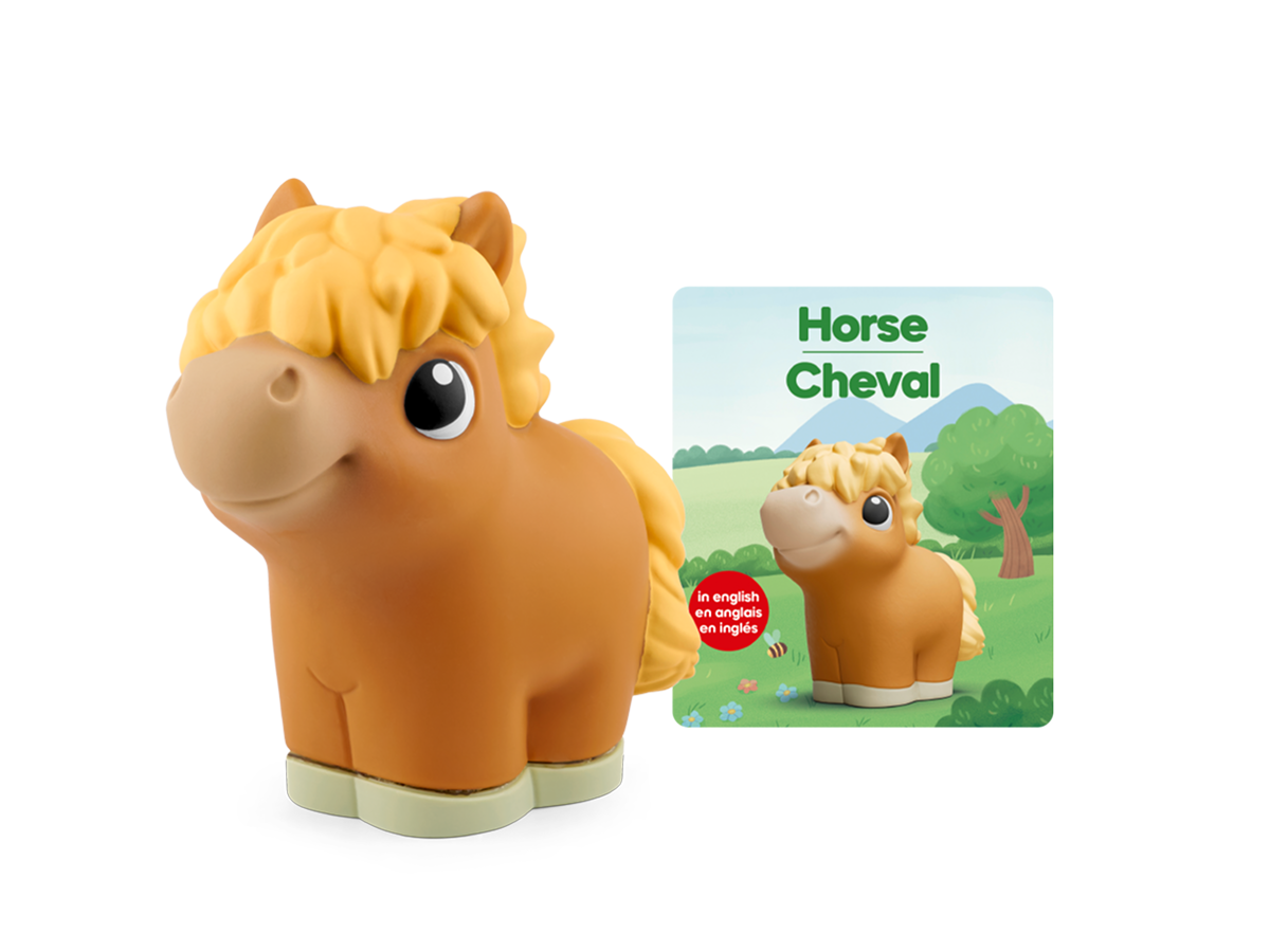 My First Tonies Horse audio figurine for the Toniebox, which plays audio content on a red toniebox 2 with content card