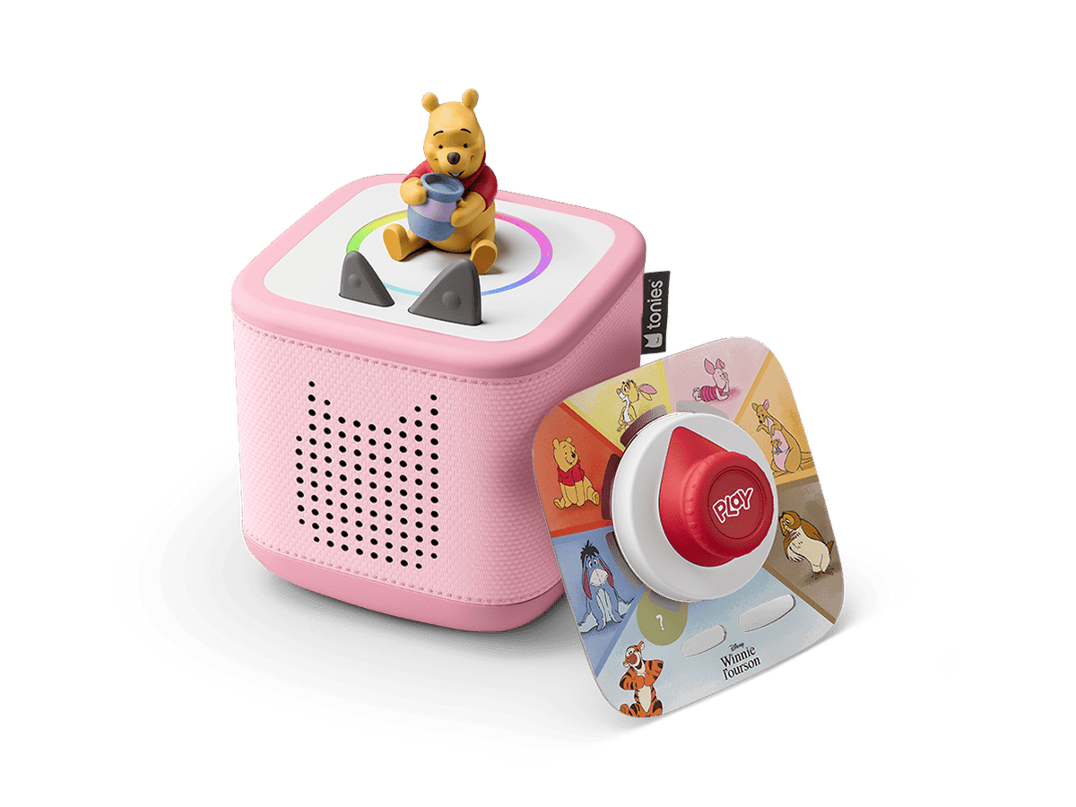 Disney game bundle with pink Toniebox 2, tonieplay controller, Winnie the Pooh tonie and disney tonieplay game