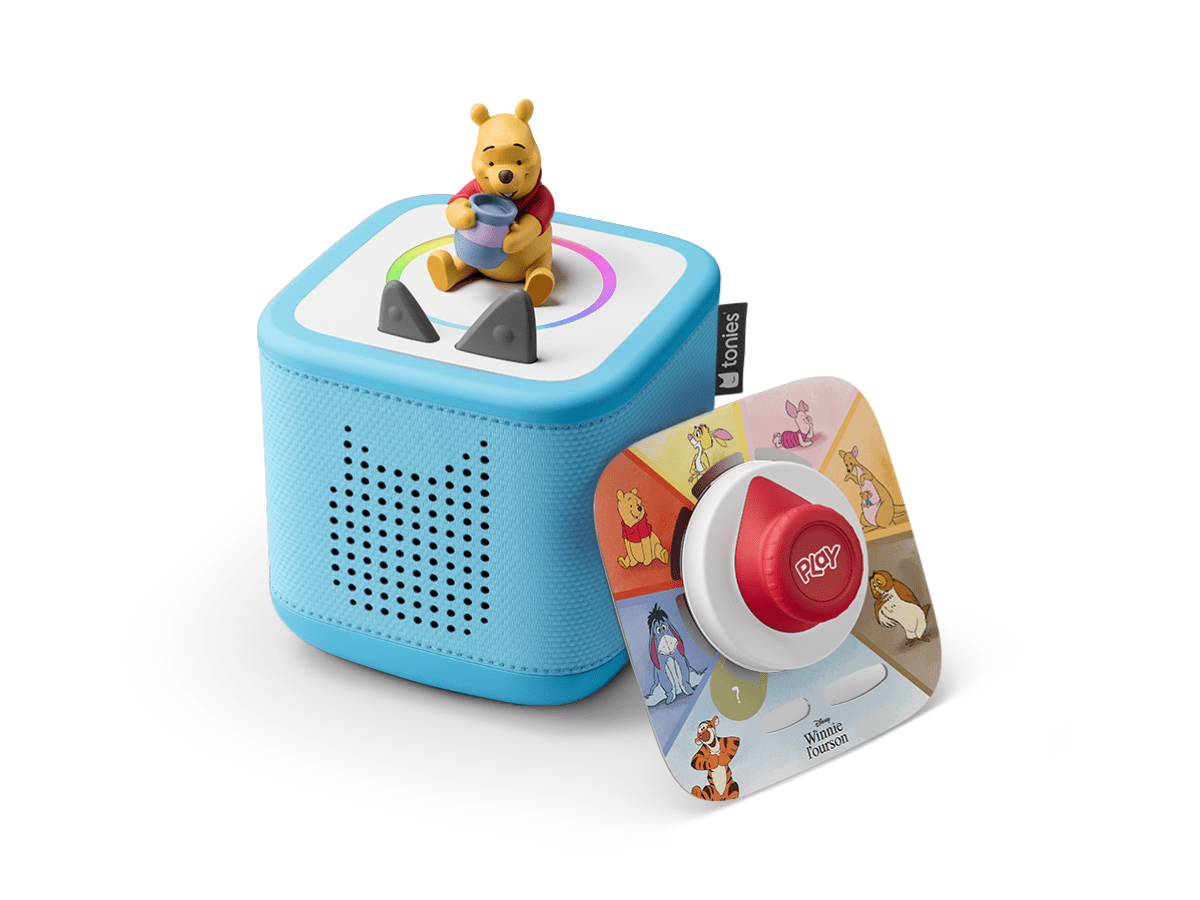 Disney game bundle with blue Toniebox 2, tonieplay controller, Winnie the Pooh tonie and disney tonieplay game