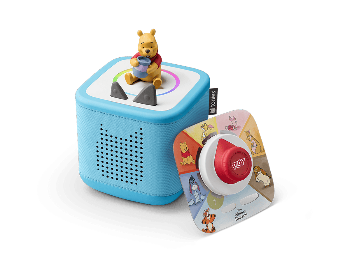 Disney game bundle with blue Toniebox 2, tonieplay controller, Winnie the Pooh tonie and disney tonieplay game