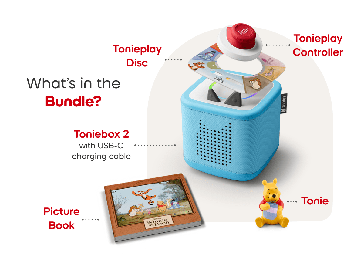 What’s in the bundle? blue Toniebox 2, tonieplay controller, Winnie the Pooh tonie and tonieplay game and USC-C charging cable