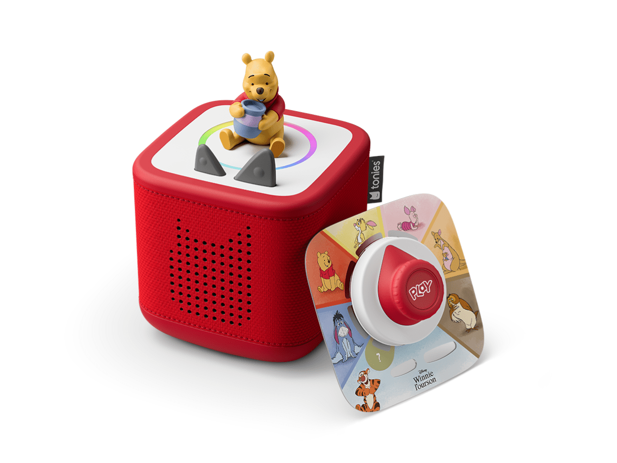 winnie the pooh tonie on a red toniebox 2 with winnie the ooh tonieplay game