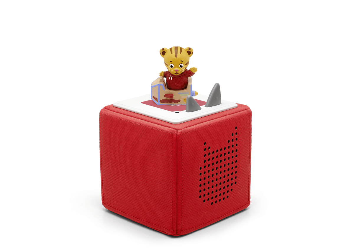 Full view of Daniel Tiger's Neighborhood Tonie on a red toniebox
