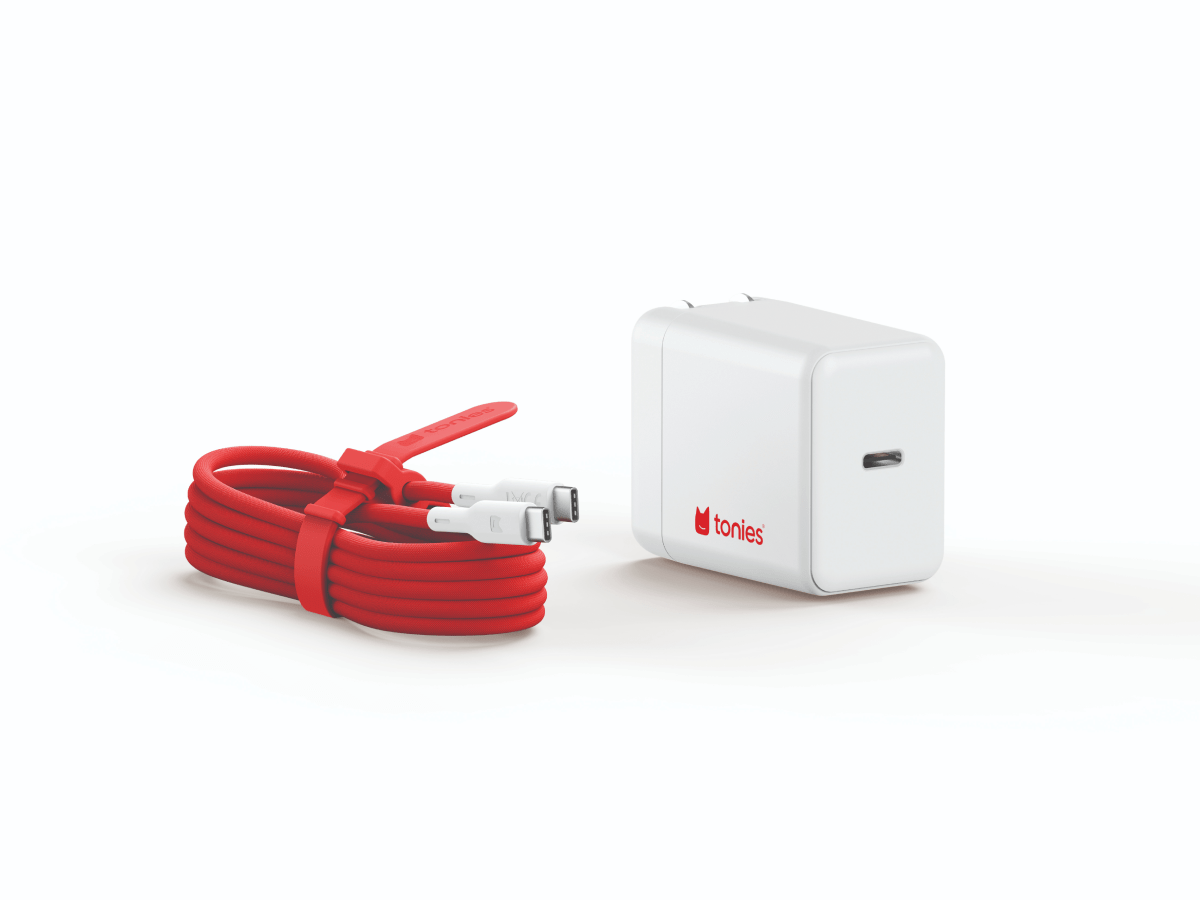 USB-C red chord Toniebox 2 charger with white converter block showing USB-C side