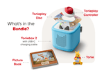 What’s in the bundle? blue Toniebox 2, tonieplay controller, Winnie the Pooh tonie and tonieplay game and USC-C charging cable